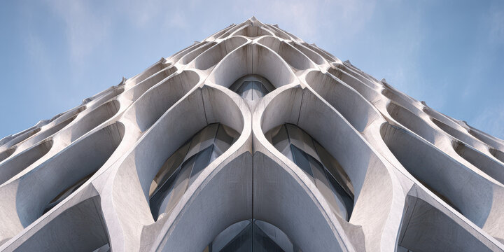 Modern Concrete Building Facade with Curvilinear Geometric Pattern Against Blue Sky