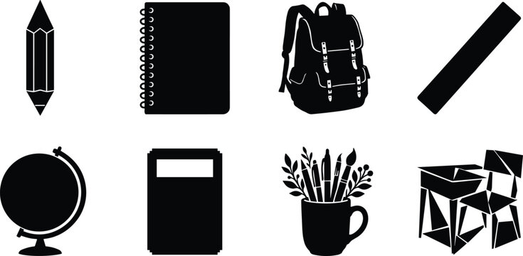 School supplies black silhouette vector elements set including pencil, spiral notebook, backpack, ruler, globe, textbook, pen holder, and student desk isolated on a white background.
