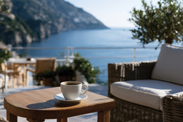 Fototapeta premium A cup of coffee placed on a wooden table overlooking the beautiful Amalfi coastline, evoking feelings of relaxation and contentment in a serene environment.