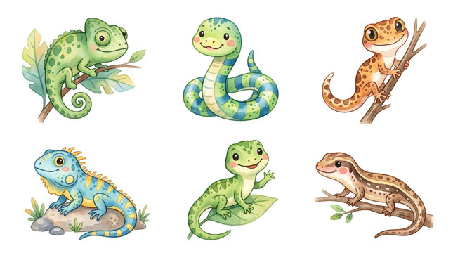 cute watercolor reptile animal set including chameleon (chamaeleonidae) snake (serpentes) and iguana (iguanidae)