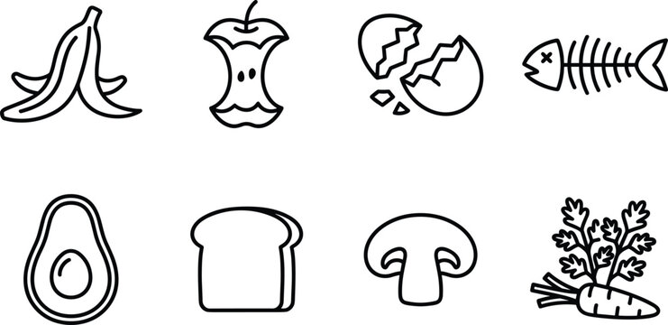 Minimalist organic food waste and compost scraps line art vector icon set featuring banana peel apple core and fish bone
