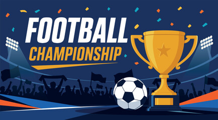 Football banner. Vector banner for the football championship featuring a gold trophy, a soccer ball, stadium in the background. Use for sporting events, football marketing materials, websites © AyaLinesDesign