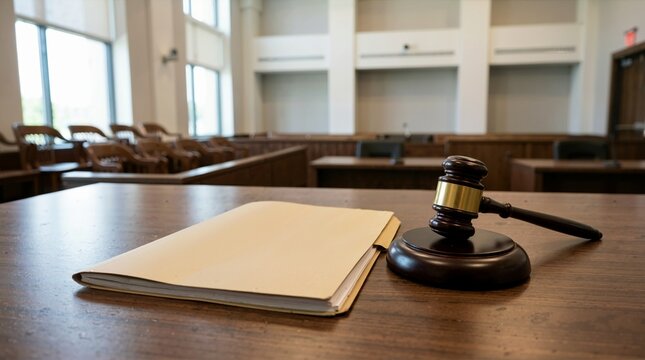 Wooden gavel and a closed case file folder on a desk in an empty courtroom. Pending legal trial and justice system concept. Copy space for text