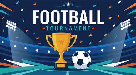 Vector banner for a football tournament with a gold trophy, a soccer ball, and a stadium background. Use for sporting events, football championships, football marketing materials, websites © AyaLinesDesign