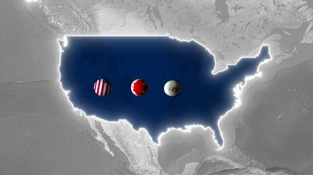 3D map animation of USA with rotating flag spheres of United States, Canada, and Mexico