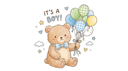 Naklejka premium Adorable plush teddy bear character for a newborn boy baby shower celebration, holding vibrant blue balloons, charming nursery illustration isolated on a clean white background.