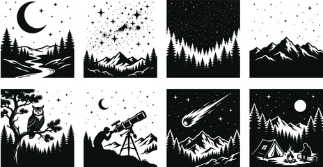 Set of night landscape vector illustrations featuring mountains, forest, camping, starry sky, and astronomy elements in woodcut style © MstRehna