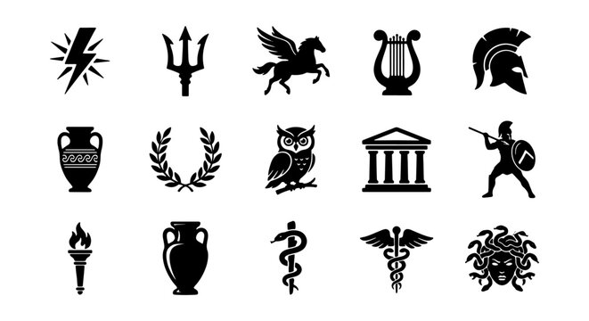 Ancient Greek Mythology Icons Set, Zeus Lightning Bolt, Poseidon Trident, Pegasus, Lyre, Helmet, Temple, Warrior, Owl, Vase, Caduceus, Medusa