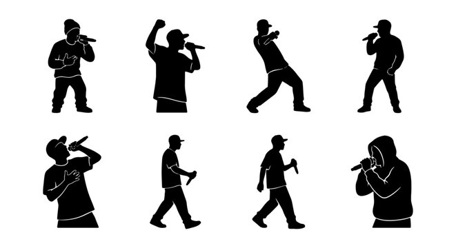 Rapper Silhouettes, Hip Hop Performers with Microphones, Urban Music Artists, Dynamic Poses, Vector Set