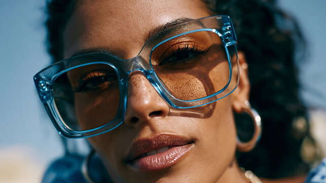 Close-up editorial portrait of a young woman wearing oversized translucent candy blue jelly frame sunglasses, glossy transparent frames catching bright summer light, playful and ca