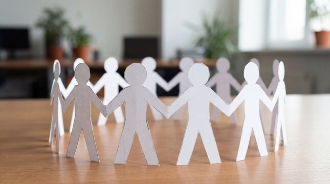 A circle of paper people holding hands, symbolizing unity and teamwork in a professional setting