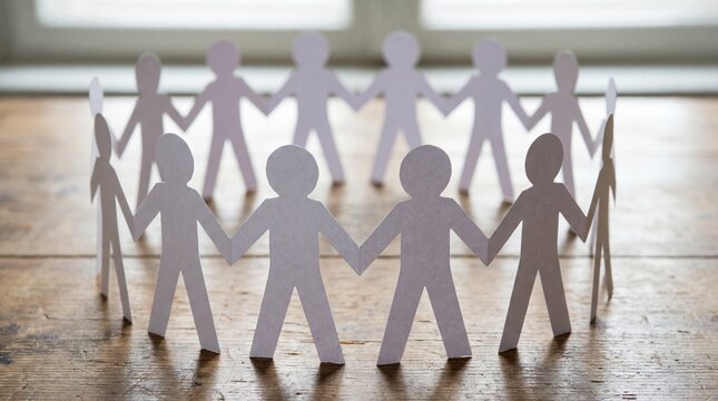 A circle of paper people holding hands to represent community and unity