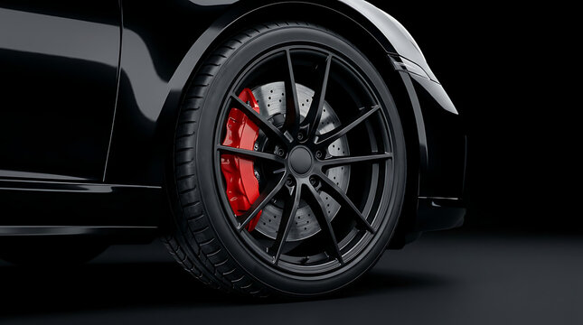 Detailed Close-up View of a Sleek Black Sports Car Wheel with Red Brake Caliper Performance