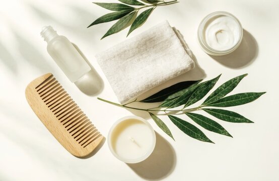 Natural self-care essentials arranged with green leaves and soft shadows