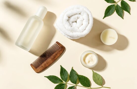 Flat lay of self-care and beauty items for a relaxing spa experience at home