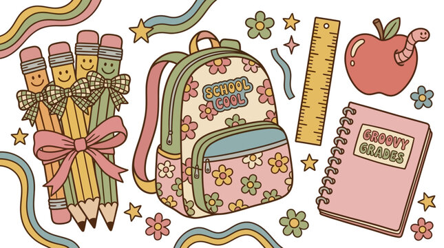 Vintage Groovy Back to School Stationery Pencil Doodle Drawing with Retro 70s Aesthetic Style Isolated on Clean White Background for Creative Education Graphic Design Projects.