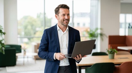 Fototapeta premium Professional man holding laptop in modern open plan office. Smiling businessman standing in bright corporate workspace. Technology and mobile work concept