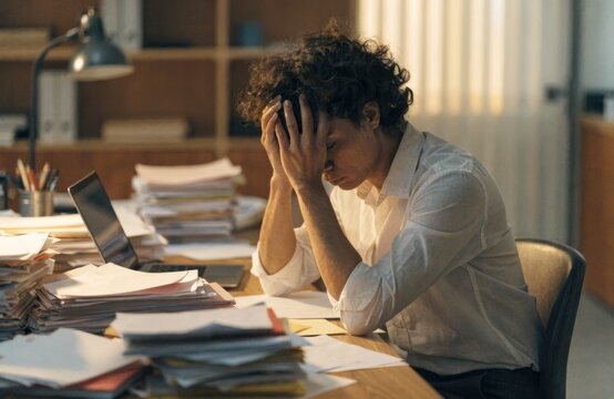 Overwhelmed office worker with hands on head surrounded by stacks of paperwork
