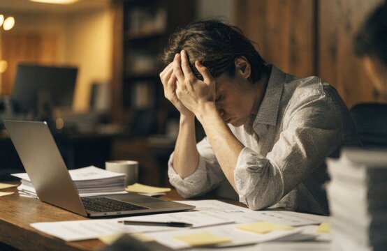 Overworked office worker feeling stressed and exhausted at their desk late at night