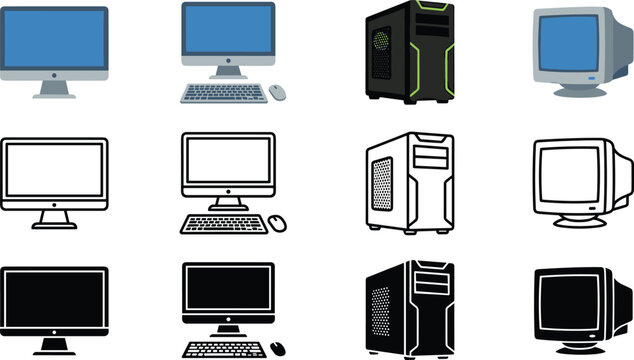 Desktop computer icon set featuring modern all in one monitors gaming pc towers and vintage retro crt displays in color outline and silhouette styles