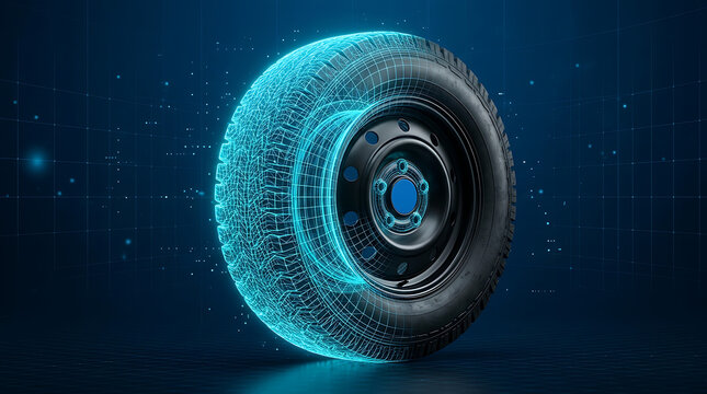 Futuristic digital car tire render with blue wireframe mesh for automotive design and transport simulation