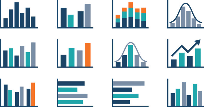 Financial and business stock chart icon set featuring bar graphs histogram plots bell curve distributions and growth line trends for marketing infographic designs