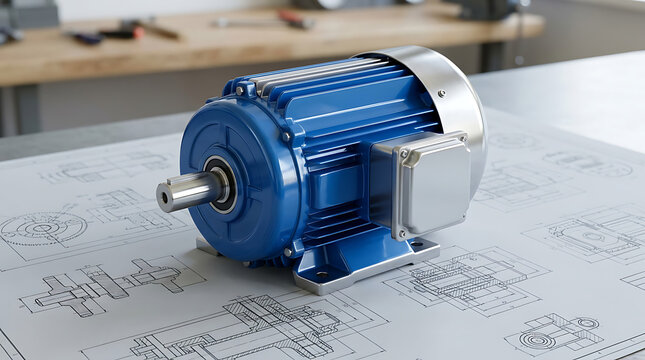 Blue industrial electric motor on technical engineering blueprint for power and machinery