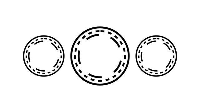 Three black casino chips animation with grey dollar sign and rotating dashed borders isolated on white background