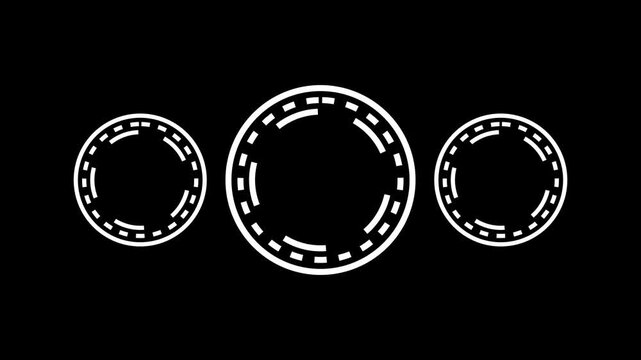 Three white casino chips animation with grey dollar sign and rotating dashed borders isolated on black background