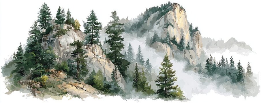 Misty mountain landscape with pines