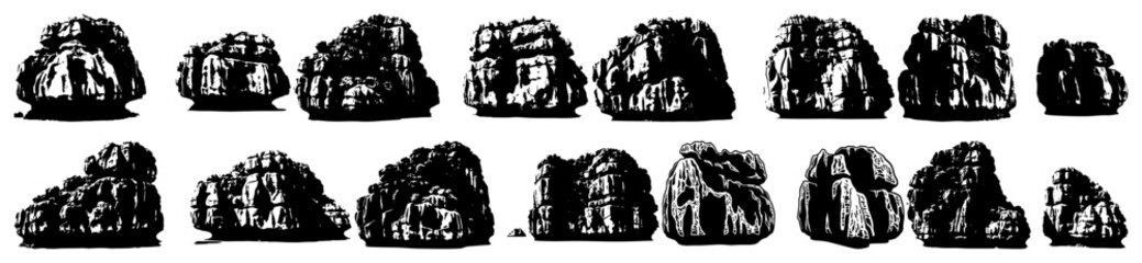 Rock formations and mountain silhouettes with detailed texture in vintage engraving style © Aurora