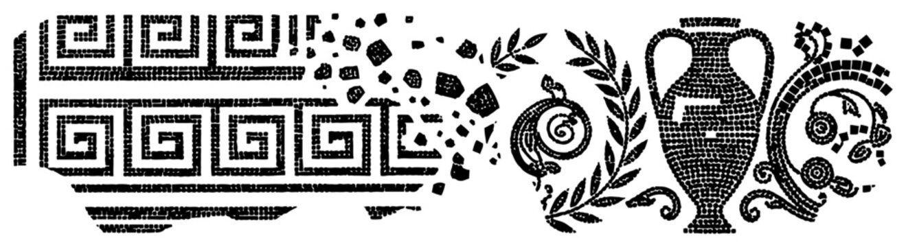 Ancient Greek mosaic elements with meander pattern and amphora silhouette in monochrome style