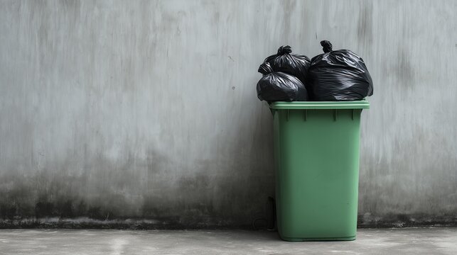 Green trash bin with overflowing black bags against a concrete wall