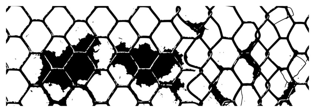Broken chain link fence with damaged hexagonal mesh in distressed grunge style