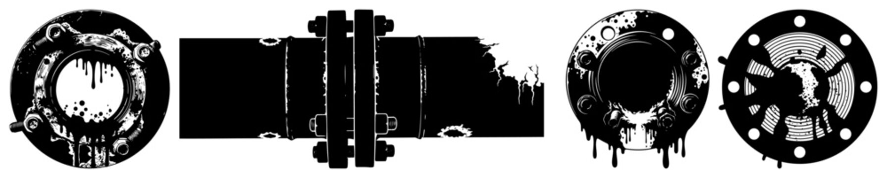 Industrial metal pipe silhouettes with flanges and grunge textures