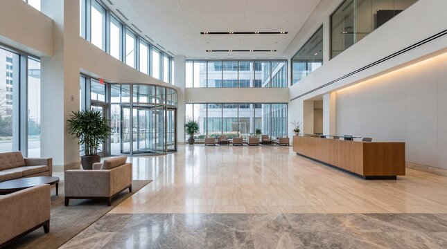 A modern and spacious lobby of an office building, featuring a reception desk, comfortable seating areas, and large windows that let in natural light