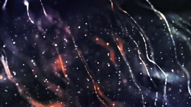 Organic abstract fibers with glowing particles flowing vertically in a dark, mysterious atmosphere.