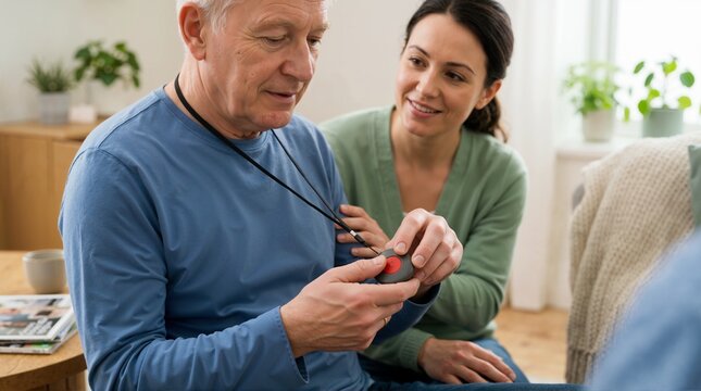 Elderly man pressing emergency alert button on wearable pendant. Senior safety and home care technology demonstration. Caregiver assisting older man with medical alarm device