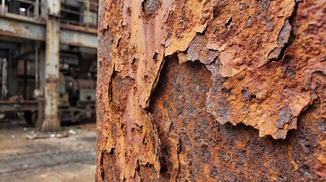 Close up of rusting metal on an old, abandoned industrial site, showing textures and decay