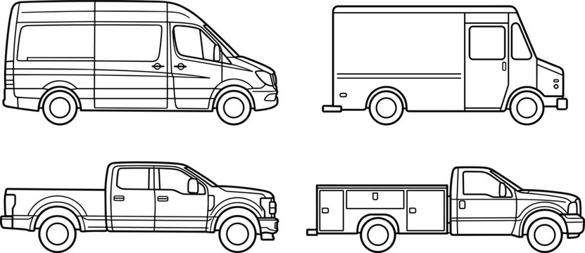 Minimalist commercial delivery van service pickup truck line art vector illustration collection set featuring side profile outlines