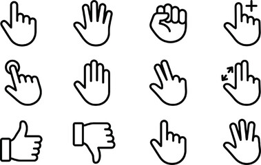 Fototapeta premium Minimalist touchscreen hand gesture line art vector icon set with thumbs up thumbs down clicking and pointing actions