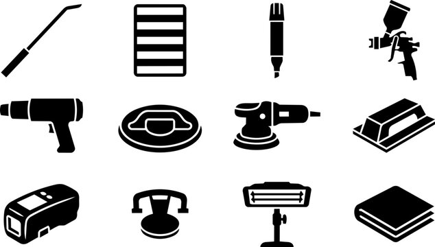 Smart Repair Tools and PDR Equipment Silhouette Icon Set - Paintless Dent Repair and Automotive Techniques