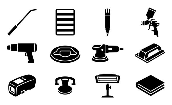 Smart Repair Tools and PDR Equipment Silhouette Icon Set - Paintless Dent Repair and Automotive Techniques