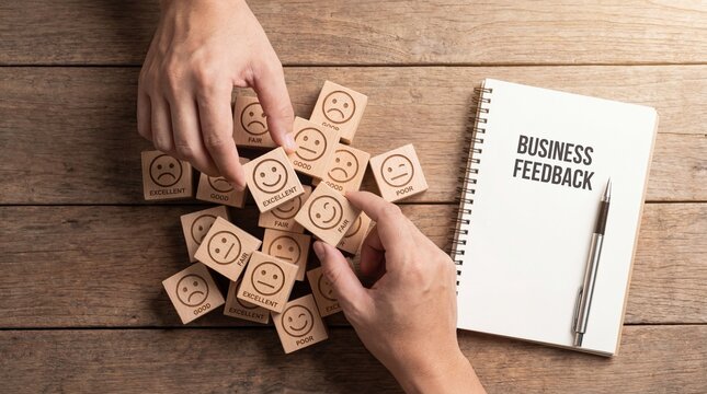 Customer satisfaction survey with positive and negative emotion blocks on a wooden table, alongside a notebook with Business Feedback written on it