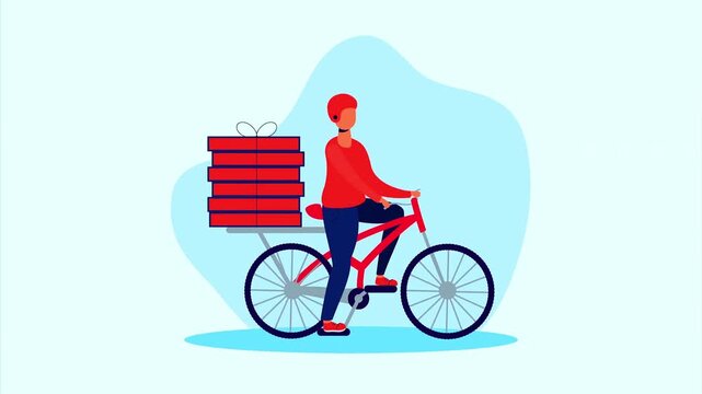 Pizza delivery courier riding a red bicycle with a stack of boxes on the back against a blue background.