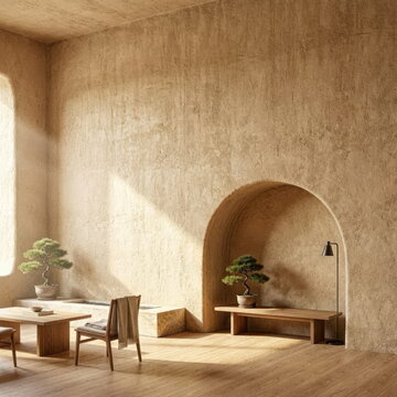Modern Yaodong Cave Interior Blank Wall Mockup Vector