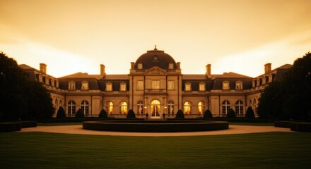 Naklejka premium Grand Mansion Estate at Dusk with Illuminated Facade and Dome.