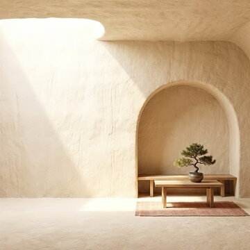 Modern Yaodong Cave Interior Blank Wall Mockup Vector