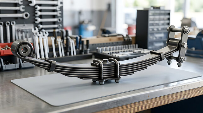 Heavy Duty Leaf Spring Suspension Component Detailed Automotive Repair Shop Workbench View