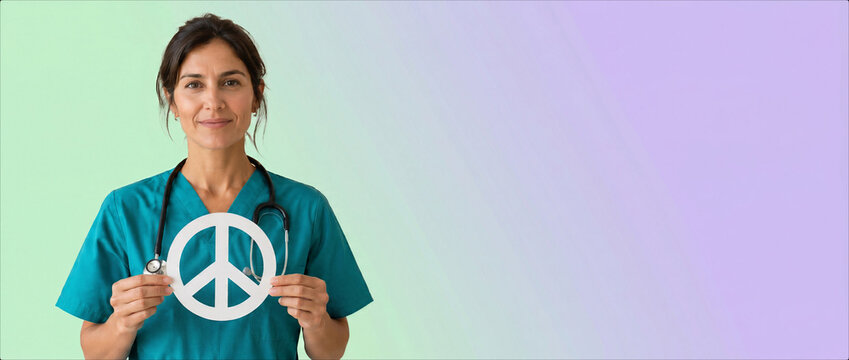Female healthcare worker holding peace symbol. International Doctors of the World for Peace concept. Copy space for text